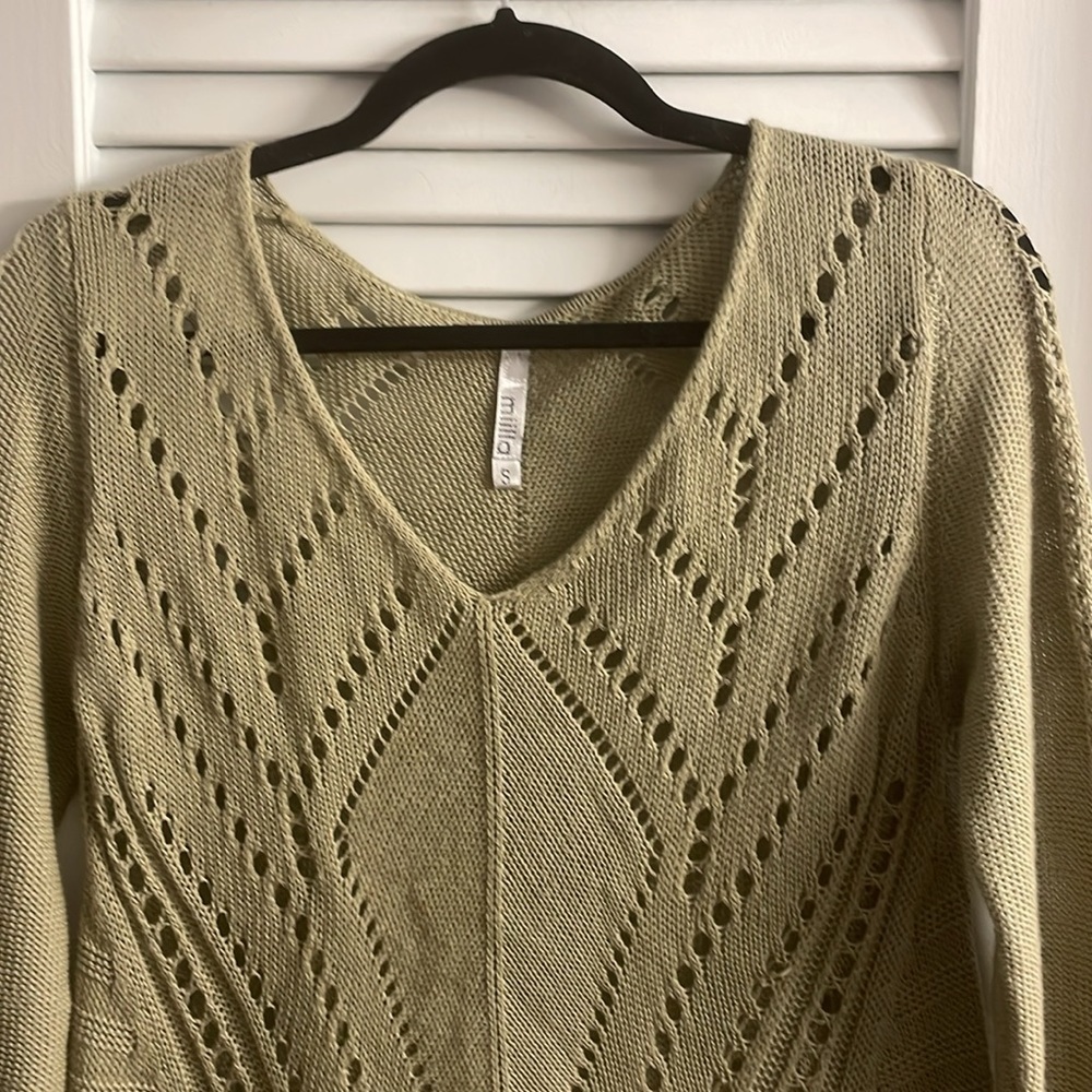 Miilla Intricately Crocheted,Hi-Low A-Line Sweater in Olive Green, Size Small - Picture 2 of 5